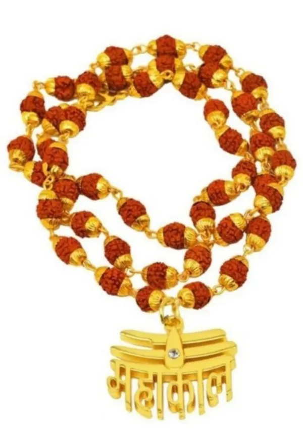 Nj's_Mahakal_pendant_with_rudraksha_string_gold_brass_beat_crystal,_metal,_brass_pendant_set