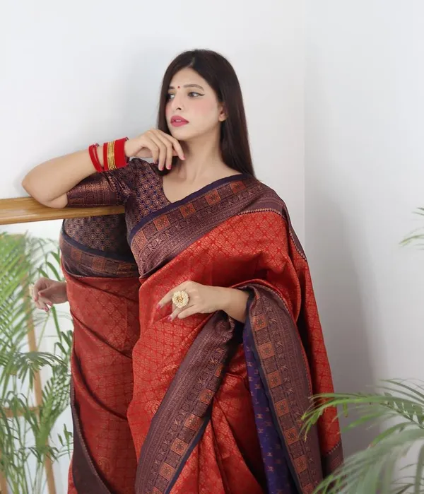 Saree_Is_Elegantly_Decorated_With_Gorgeous_Solid_Jacquard_Weave_That_Gives_A_Perfect_Look_To_Outfit_(ALMAARI-801-_RED_NAVY_BLUE)