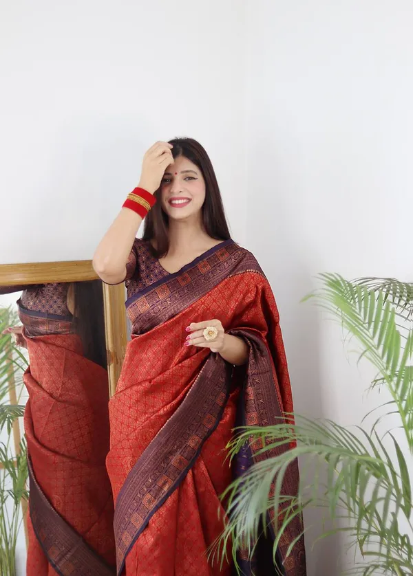 Saree_Is_Elegantly_Decorated_With_Gorgeous_Solid_Jacquard_Weave_That_Gives_A_Perfect_Look_To_Outfit_(ALMAARI-801-_RED_NAVY_BLUE)