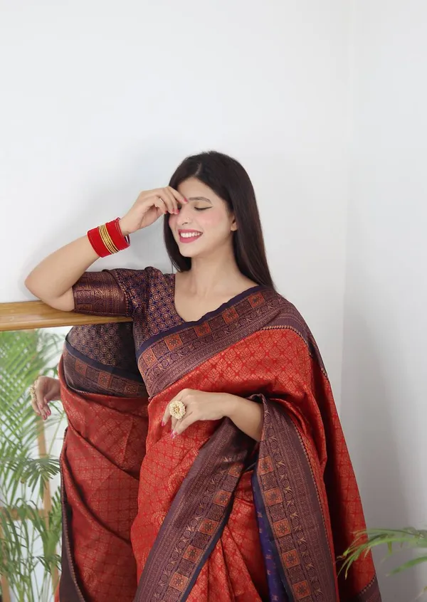 Saree_Is_Elegantly_Decorated_With_Gorgeous_Solid_Jacquard_Weave_That_Gives_A_Perfect_Look_To_Outfit_(ALMAARI-801-_RED_NAVY_BLUE)