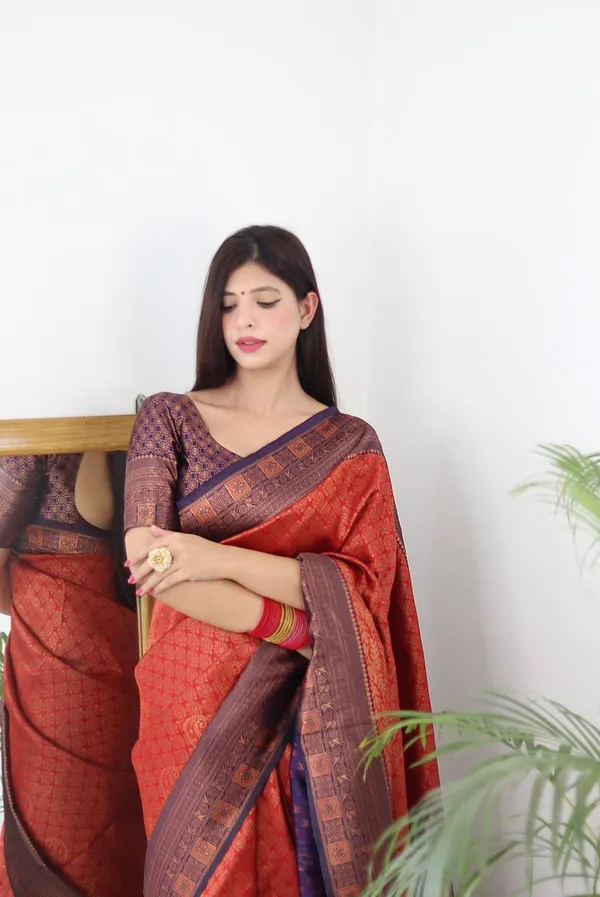 Saree_Is_Elegantly_Decorated_With_Gorgeous_Solid_Jacquard_Weave_That_Gives_A_Perfect_Look_To_Outfit_(ALMAARI-801-_RED_NAVY_BLUE)