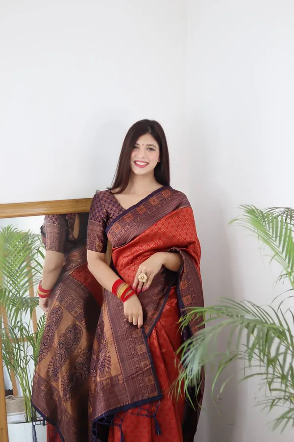 Saree_Is_Elegantly_Decorated_With_Gorgeous_Solid_Jacquard_Weave_That_Gives_A_Perfect_Look_To_Outfit_(ALMAARI-801-_RED_NAVY_BLUE)