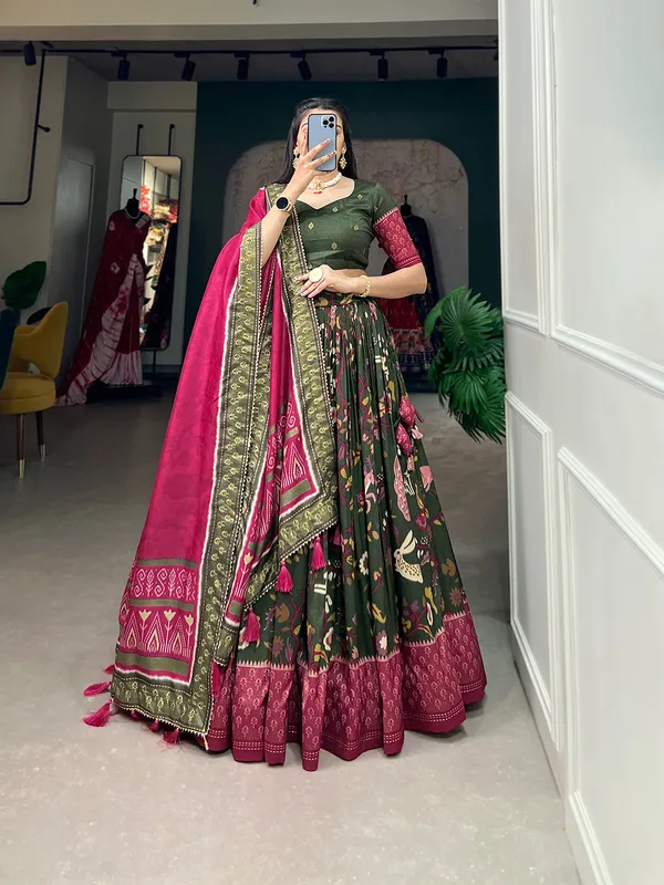 Tussar_Silk_Green_Fabulously_Patola_Printed_Stitched_Lehenga_&_Blouse_With_Dupatta