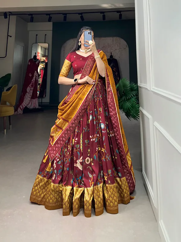Tussar_Silk_Maroon_Fabulously_Patola_Printed_Stitched_Lehenga_&_Blouse_With_Dupatta