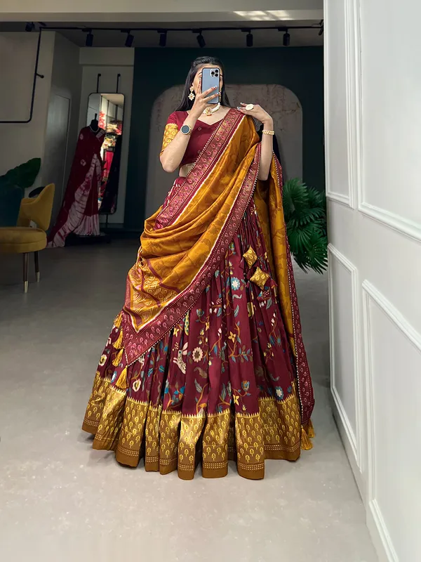 Tussar_Silk_Maroon_Fabulously_Patola_Printed_Stitched_Lehenga_&_Blouse_With_Dupatta