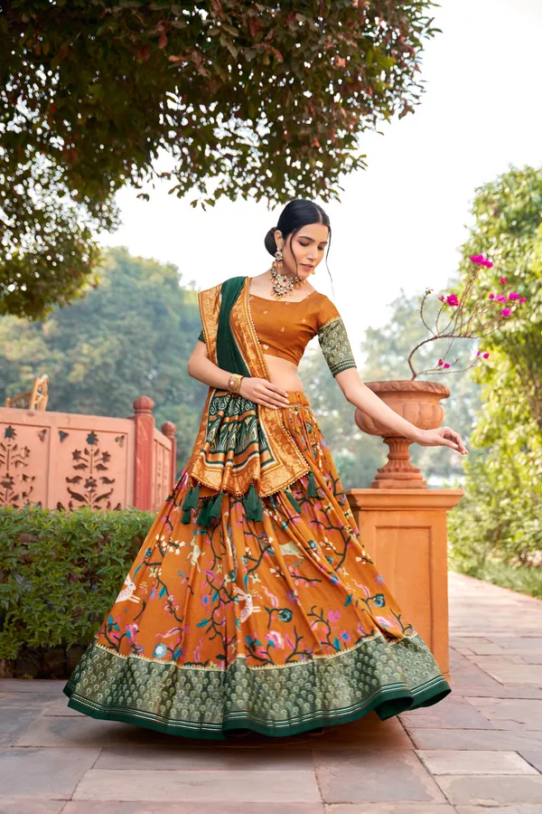 Tussar_Silk_Mustard_Fabulously_Patola_Printed_Stitched_Lehenga_&_Blouse_With_Dupatta