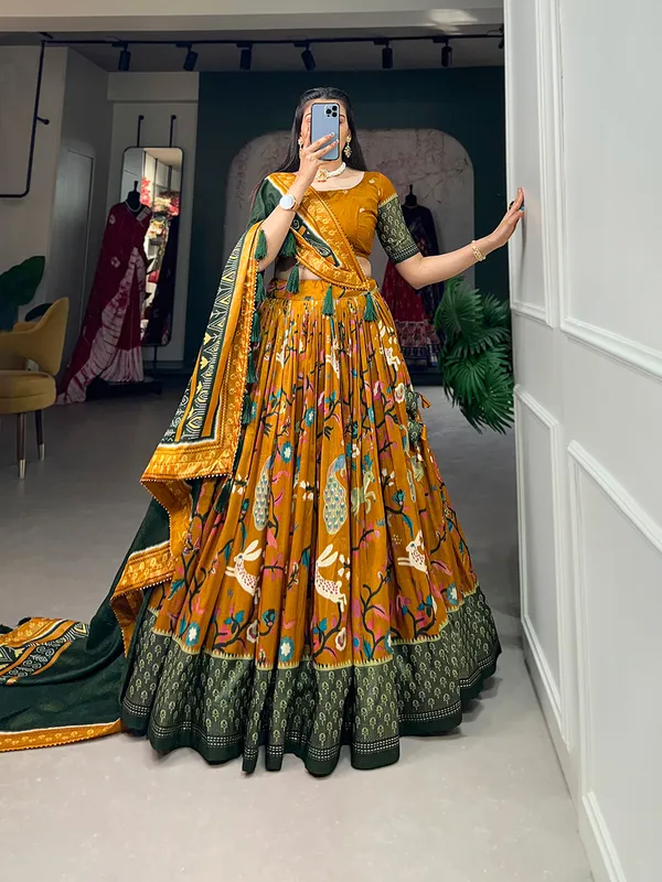 Tussar_Silk_Mustard_Fabulously_Patola_Printed_Stitched_Lehenga_&_Blouse_With_Dupatta