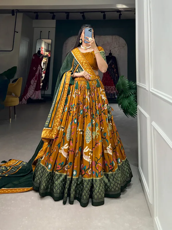 Tussar_Silk_Mustard_Fabulously_Patola_Printed_Stitched_Lehenga_&_Blouse_With_Dupatta