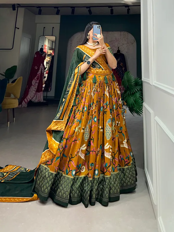 Tussar_Silk_Mustard_Fabulously_Patola_Printed_Stitched_Lehenga_&_Blouse_With_Dupatta