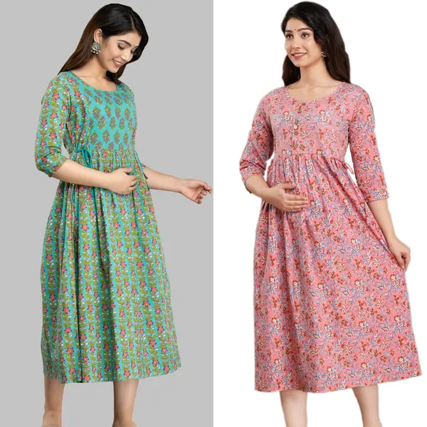 Combo_of_2_Maternity_KurtiWomen's_Anarkali__for_Easy_Breast_Feeding_with_Zippers___(Green_Pink)