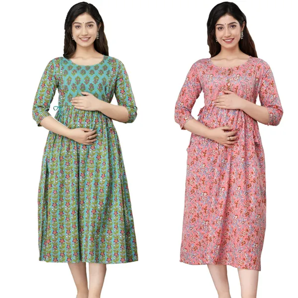 Combo_of_2_Maternity_KurtiWomen's_Anarkali__for_Easy_Breast_Feeding_with_Zippers___(Green_Pink)