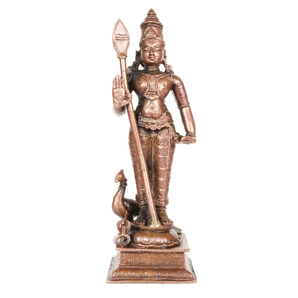 Decor_,_6_inches,_Handmade_Copper_Kartikeya_Murugan_with_Peacock_Idol,_550_Grams,_Patina_Antique_Finish,_Pack_of_1_Piece