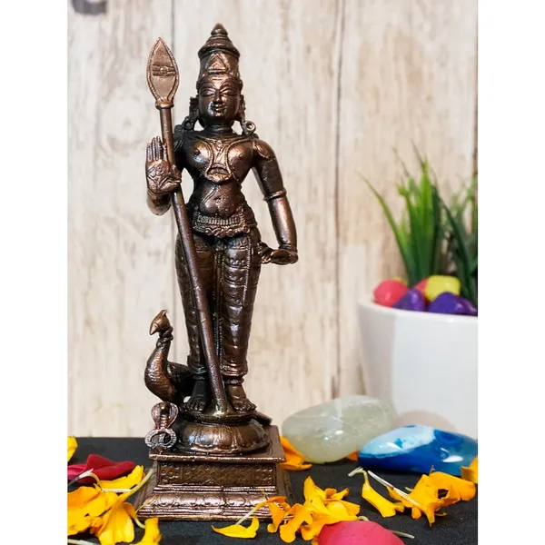 Decor_,_6_inches,_Handmade_Copper_Kartikeya_Murugan_with_Peacock_Idol,_550_Grams,_Patina_Antique_Finish,_Pack_of_1_Piece