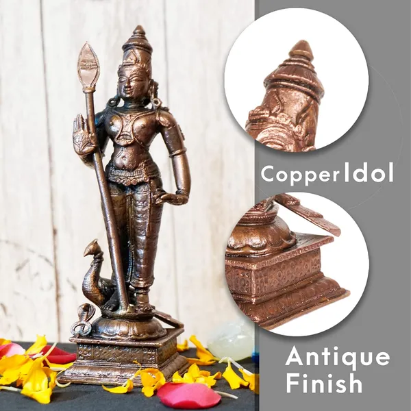 Decor_,_6_inches,_Handmade_Copper_Kartikeya_Murugan_with_Peacock_Idol,_550_Grams,_Patina_Antique_Finish,_Pack_of_1_Piece