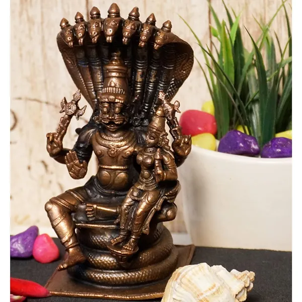 Decor_,_5_inches,_Copper_Handmade_Lakshmi_Narashimha_with_Snake_Idol,_750_Grams,_Patina_Antique_Finish,_Pack_of_1_Piece
