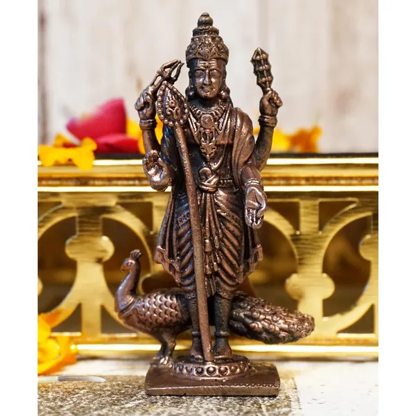 Decor_,_2.75_inches,_Handmade_Copper_Kartikeya_Murugan_with_Peacock_Idol,_80_Grams,_Patina_Antique_Finish,_Pack_of_1_Piece