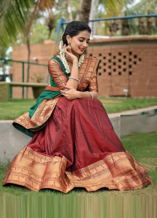 Kanjivaram_Silk_Zari_Half_Saree_Lehenga_With_Blouse_Along_With_Banarsi_Silk_Dupatta