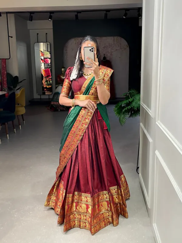Kanjivaram_Silk_Zari_Half_Saree_Lehenga_With_Blouse_Along_With_Banarsi_Silk_Dupatta