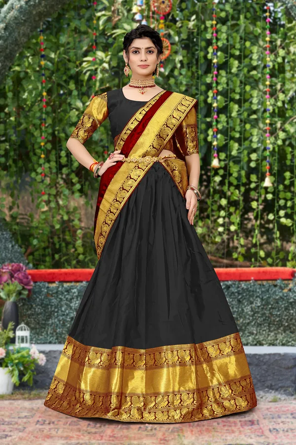 Kanjivaram_Silk_Zari_Half_Saree_Lehenga_With_Blouse_Along_With_Banarsi_Silk_Dupatta