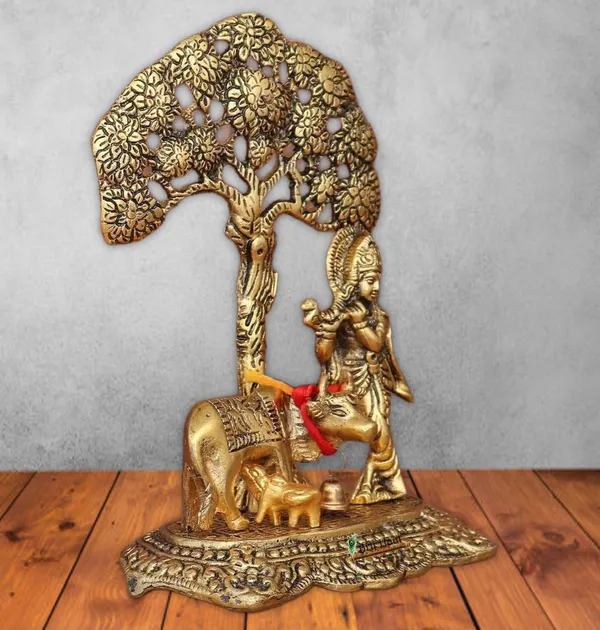 Golden_Krishna_With_Cow_And_Calf_Under_Tree_Metal_Statue_Showpiece
