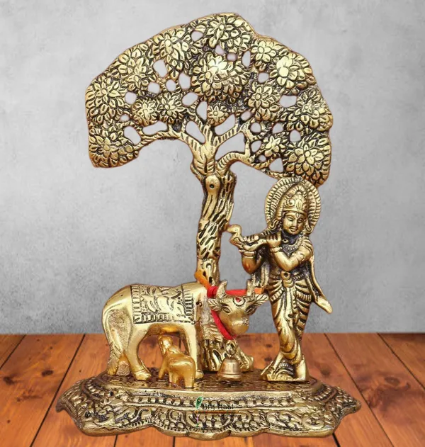 Golden_Krishna_With_Cow_And_Calf_Under_Tree_Metal_Statue_Showpiece