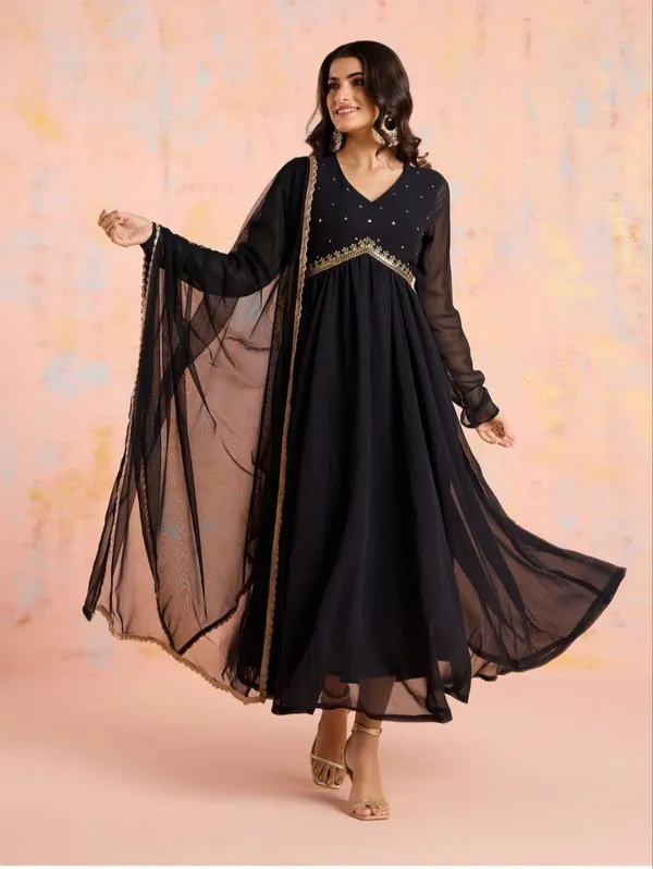 Buy Black Full Sleeve Collar Neck Anarkali Suits Online for Women in USA