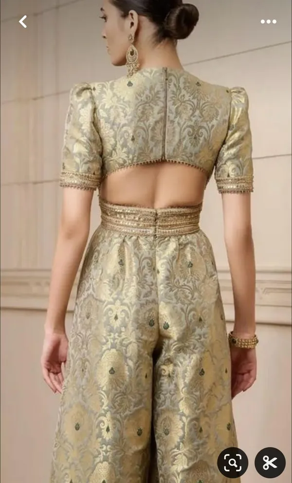Handwoven_Banarasi_Brocade_Suit_Widelegged_Party_Wear_Jumpsuit_In_Pista_Golden_Colour,_Free_Shipping_Worldwide