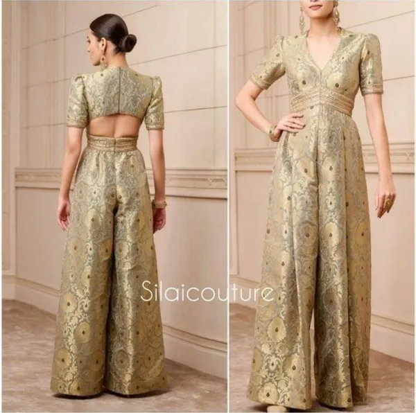 Handwoven_Banarasi_Brocade_Suit_Widelegged_Party_Wear_Jumpsuit_In_Pista_Golden_Colour,_Free_Shipping_Worldwide