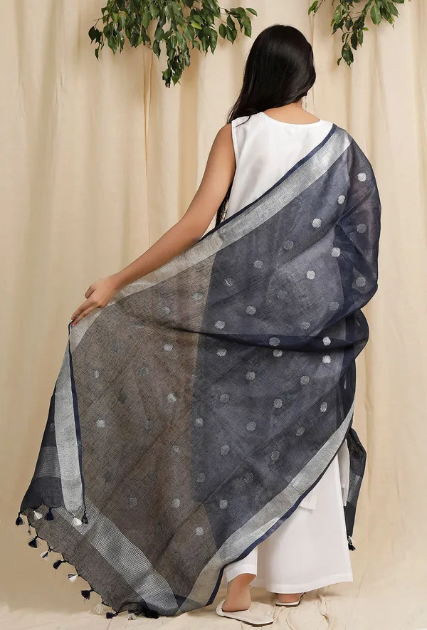 Linen_Handloom_Bhagalpuri_Circle_Weaving_Motif_Black_Dupatta