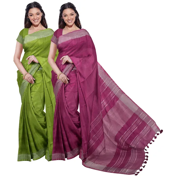 Bhagalpuri_Handloom_Cotton-Linen_Blend_Saree_Combo_(Pack_Of_2)_With_Running_Unstiched_Blouse_Piece