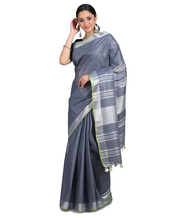 Linen_Cotton_Blend_Contrast_Handloom_Bhagalpuri_Saree_(Grey-Parrot_Green)