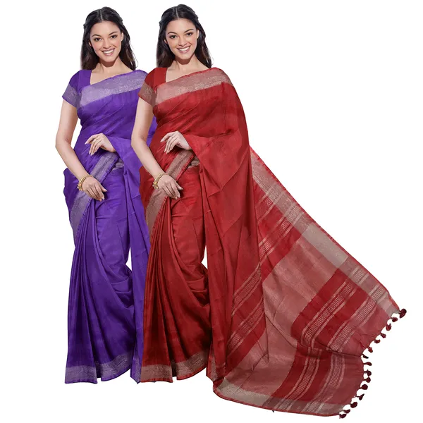 French_Violet_&_Red_women's_Bhagalpuri_Handloom_Cotton-Linen_Blend_Saree_Combo_(Pack_Of_2)_With_Running_Unstiched_Blouse_Piece