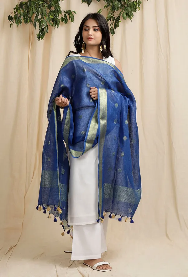 Bhagalpuri_Handloom_Linen_Dupatta_with_Gold_Weaving_Motif_(Blue)