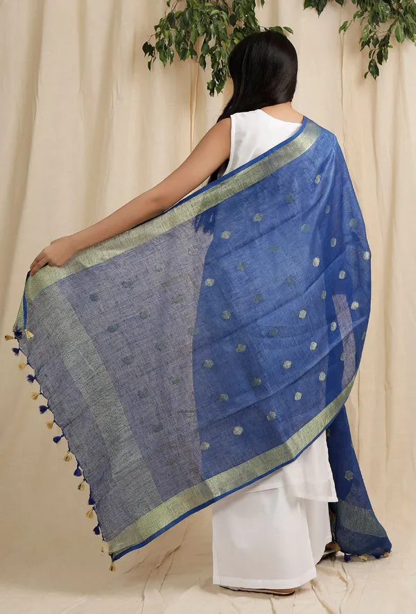 Bhagalpuri_Handloom_Linen_Dupatta_with_Gold_Weaving_Motif_(Blue)