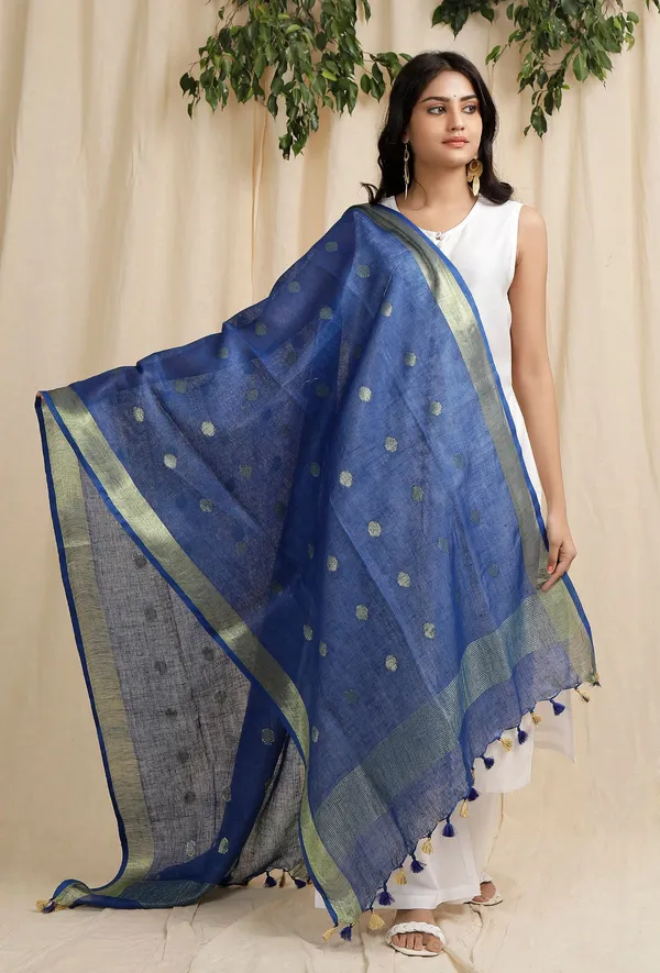 Bhagalpuri_Handloom_Linen_Dupatta_with_Gold_Weaving_Motif_(Blue)