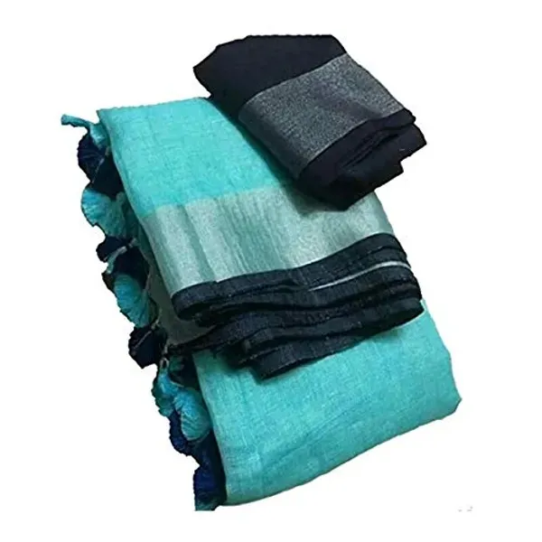 Cyan-Black__Bhagalpuri_Blend_Linen_Saree_With_Contrast_Blouse_Piece
