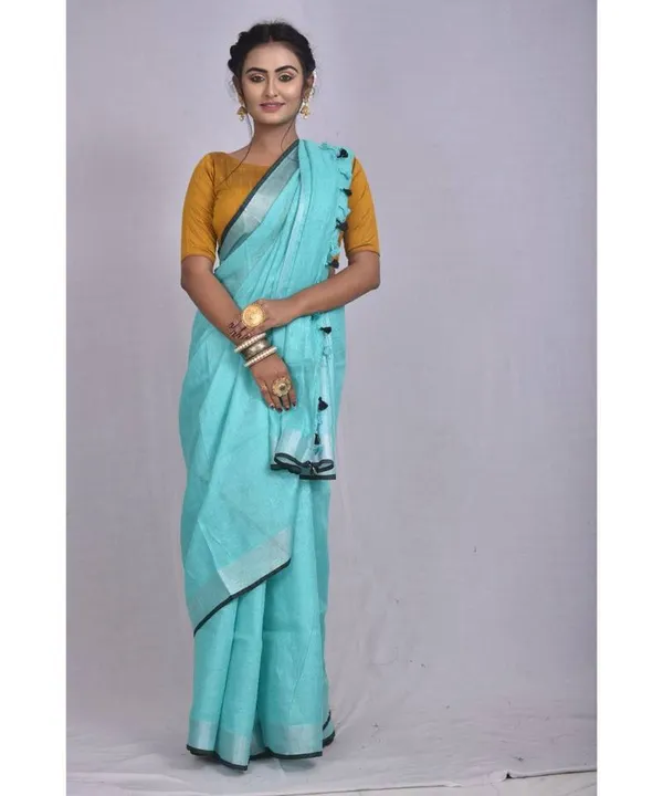 Cyan-Black__Bhagalpuri_Blend_Linen_Saree_With_Contrast_Blouse_Piece