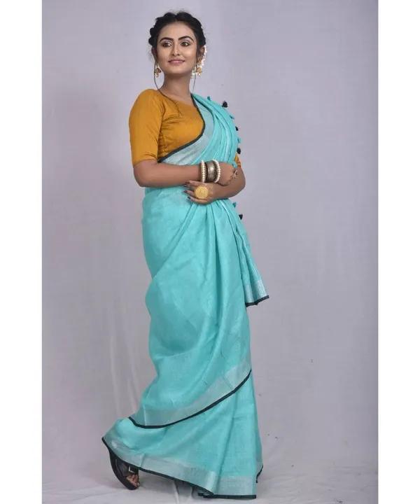 Cyan-Black__Bhagalpuri_Blend_Linen_Saree_With_Contrast_Blouse_Piece