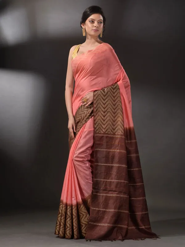 Semi_Tussar_Silk_Two_Dye_Saree_with_Blouse_Piece_(Suglu_Pink_&__Eclip_Brown)
