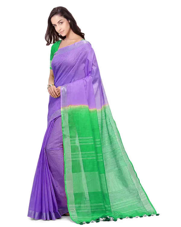 Lilac_Purple_&_Honerdew_Green_women's_Handloom_Bhagalpuri_Linen_Blend_Two_Dye_Saree_With_Running_Unstitched_Blouse_Piece