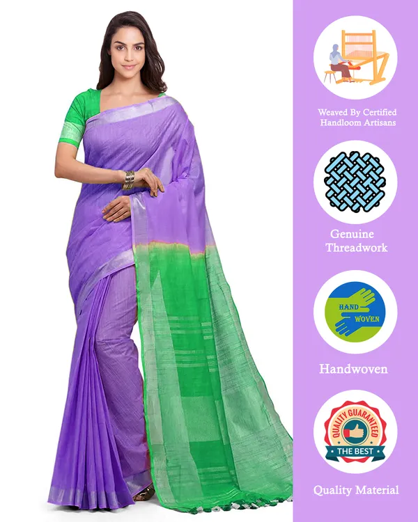 Lilac_Purple_&_Honerdew_Green_women's_Handloom_Bhagalpuri_Linen_Blend_Two_Dye_Saree_With_Running_Unstitched_Blouse_Piece