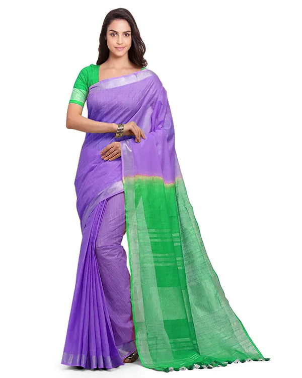 Lilac_Purple_&_Honerdew_Green_women's_Handloom_Bhagalpuri_Linen_Blend_Two_Dye_Saree_With_Running_Unstitched_Blouse_Piece