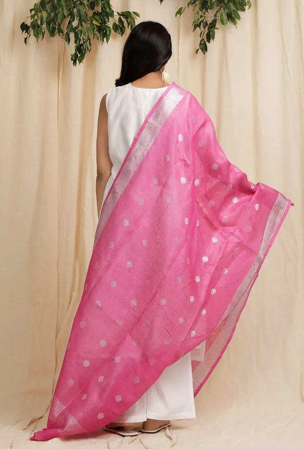 Handloom_Pure_Linen_Bhagalpuri_Dupatta_with_Weaving_Circle_Motif_(Pink)