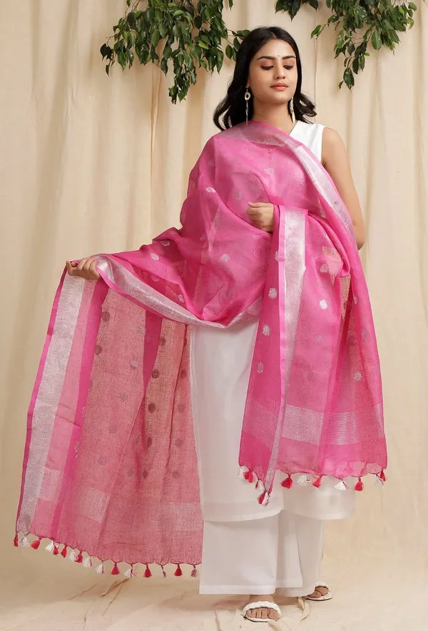 Handloom_Pure_Linen_Bhagalpuri_Dupatta_with_Weaving_Circle_Motif_(Pink)