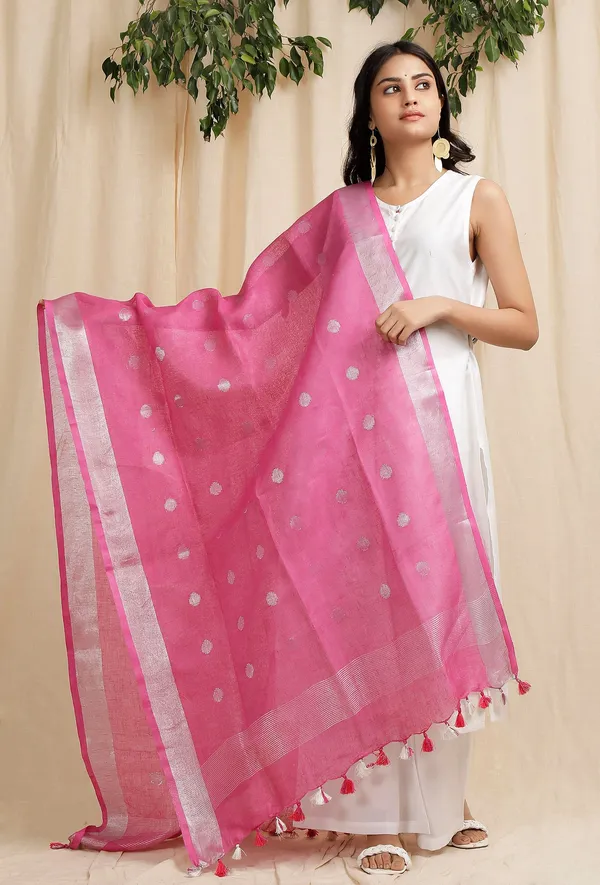 Handloom_Pure_Linen_Bhagalpuri_Dupatta_with_Weaving_Circle_Motif_(Pink)