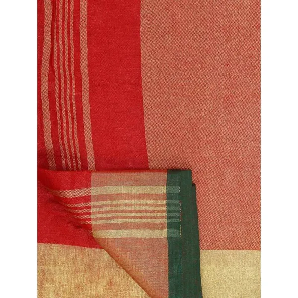 Linen_Cotton_Blend_Contrast_Handloom_Bhagalpuri_Saree_(Gold-Red-Dark_Green_)