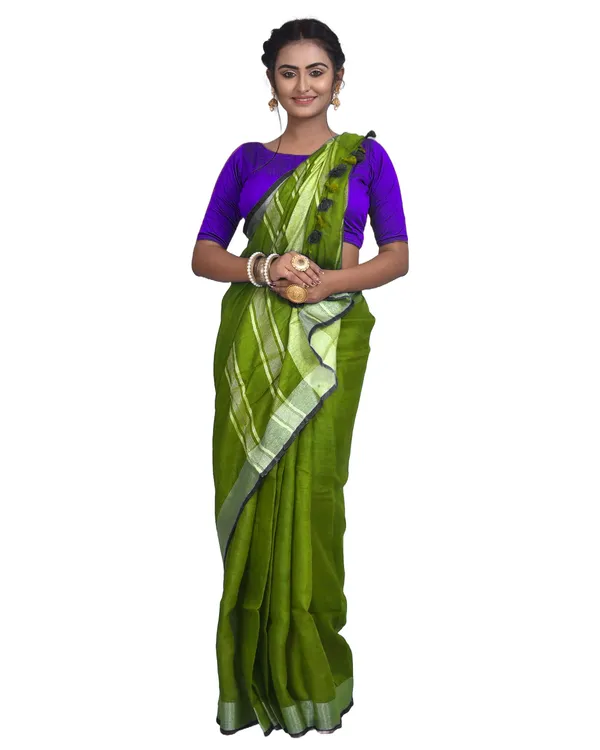 Parrot_Green_Bhagalpuri_Handloom_women's_Linen_Slub_Blend_Saree_With_Black_Pipin_Contrast_Blouse_Piece