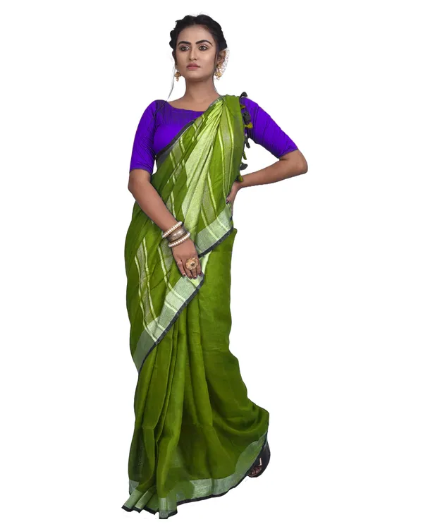 Parrot_Green_Bhagalpuri_Handloom_women's_Linen_Slub_Blend_Saree_With_Black_Pipin_Contrast_Blouse_Piece