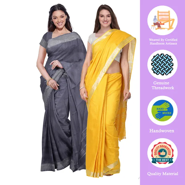 Grey_&_Yellow_women's_Bhagalpuri_Handloom_Cotton-Linen_Blend_Saree_Combo_(Pack_Of_2)_With_Running_Unstitched_Blouse_Piece