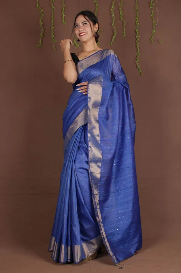 Blue_Sequins_Bhagalpuri_Silk_Handloom_Striped_Saree